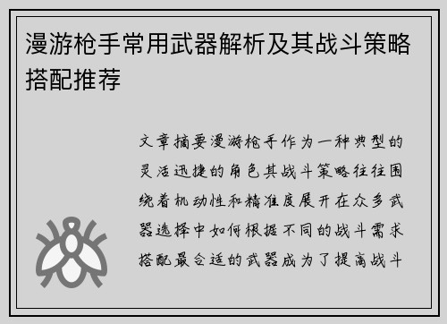 漫游枪手常用武器解析及其战斗策略搭配推荐
