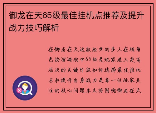 御龙在天65级最佳挂机点推荐及提升战力技巧解析